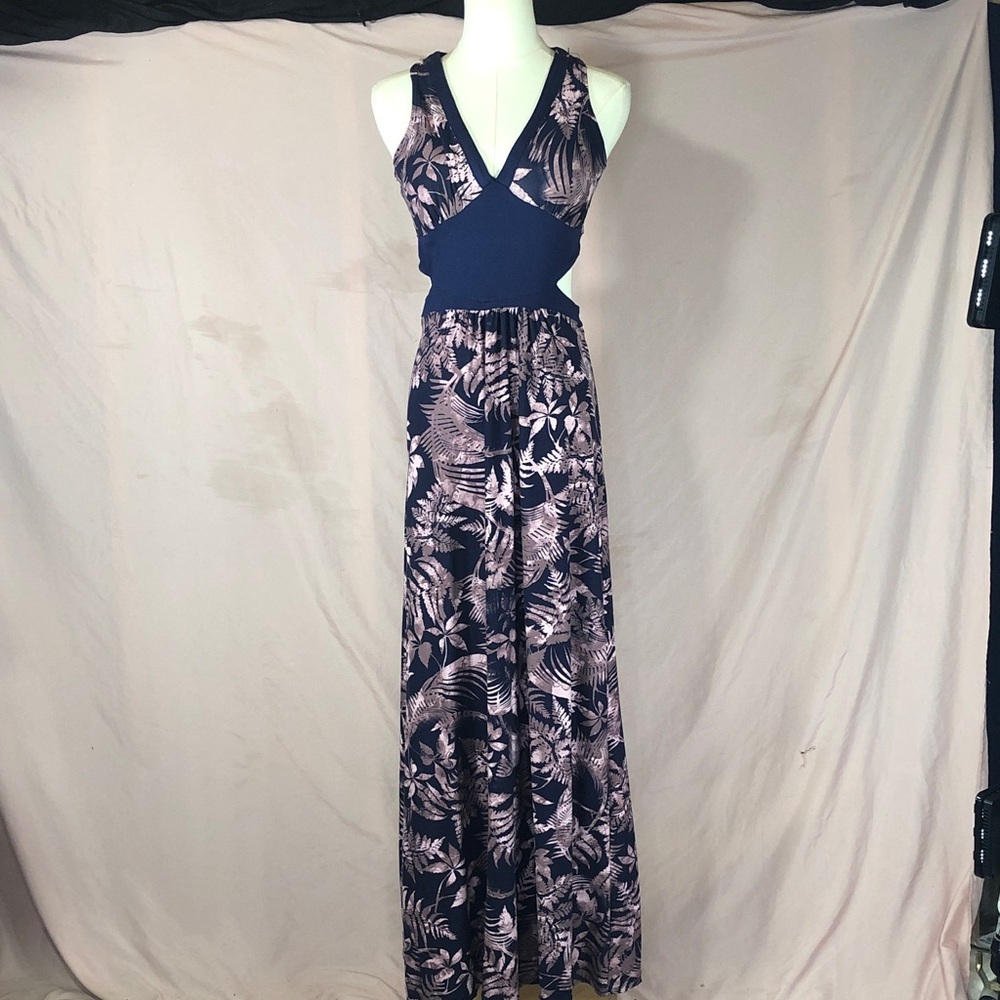 Size Small Navy and Blush Tropical Print Maxi Dress - Sleeveless V-Neck Cut-Outs